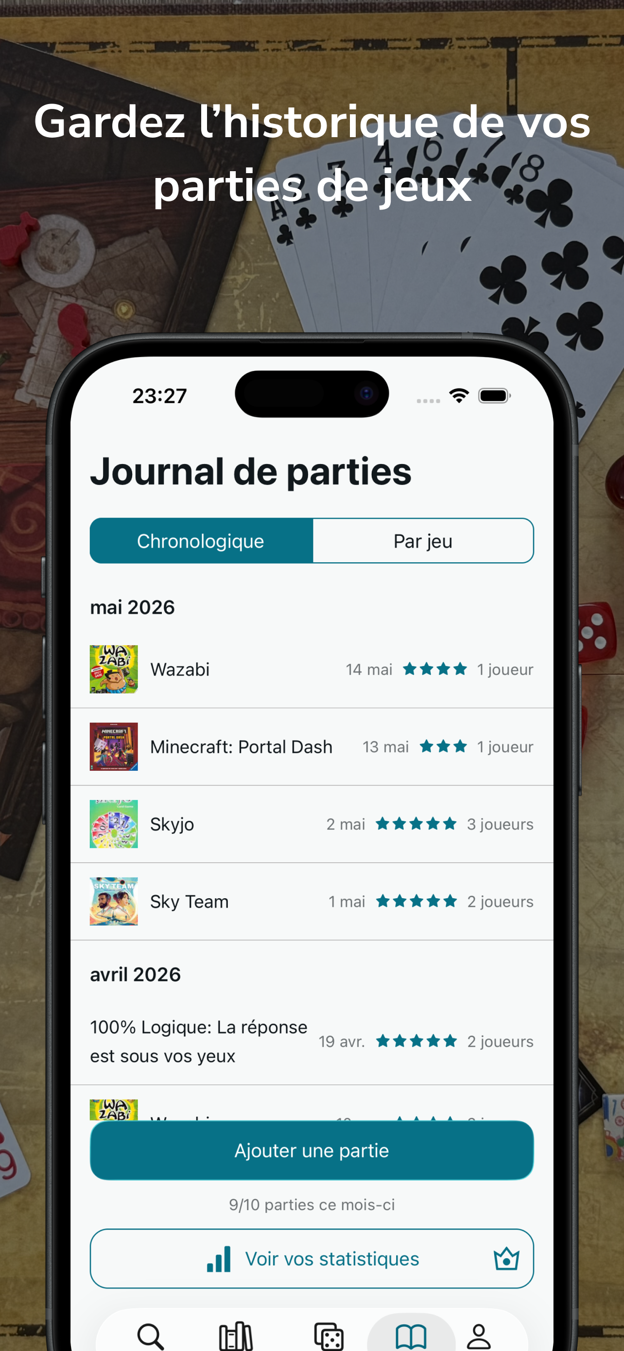 Écran d'historique des parties jouées dans LudoGuide